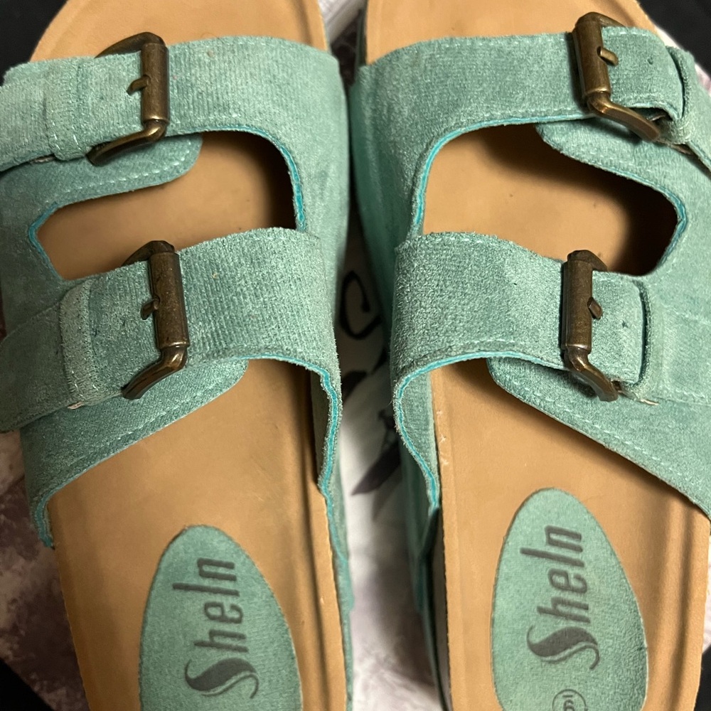 SHEIN Mint Green Suede Double Buckle Sandals